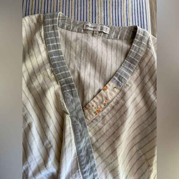 MADEWELL V-Neck Mini Dress Size Medium Beige Striped 100% Cotton Natural Pockets - Picture 5 of 12